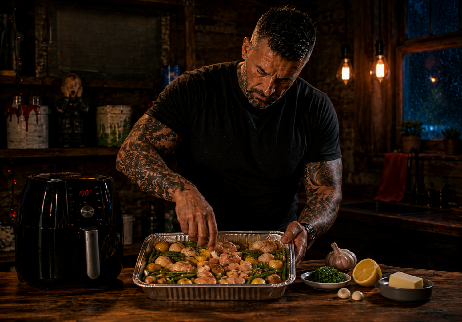 Air-Fryer One-Pan Garlic Butter Chicken & Potatoes preparation stage