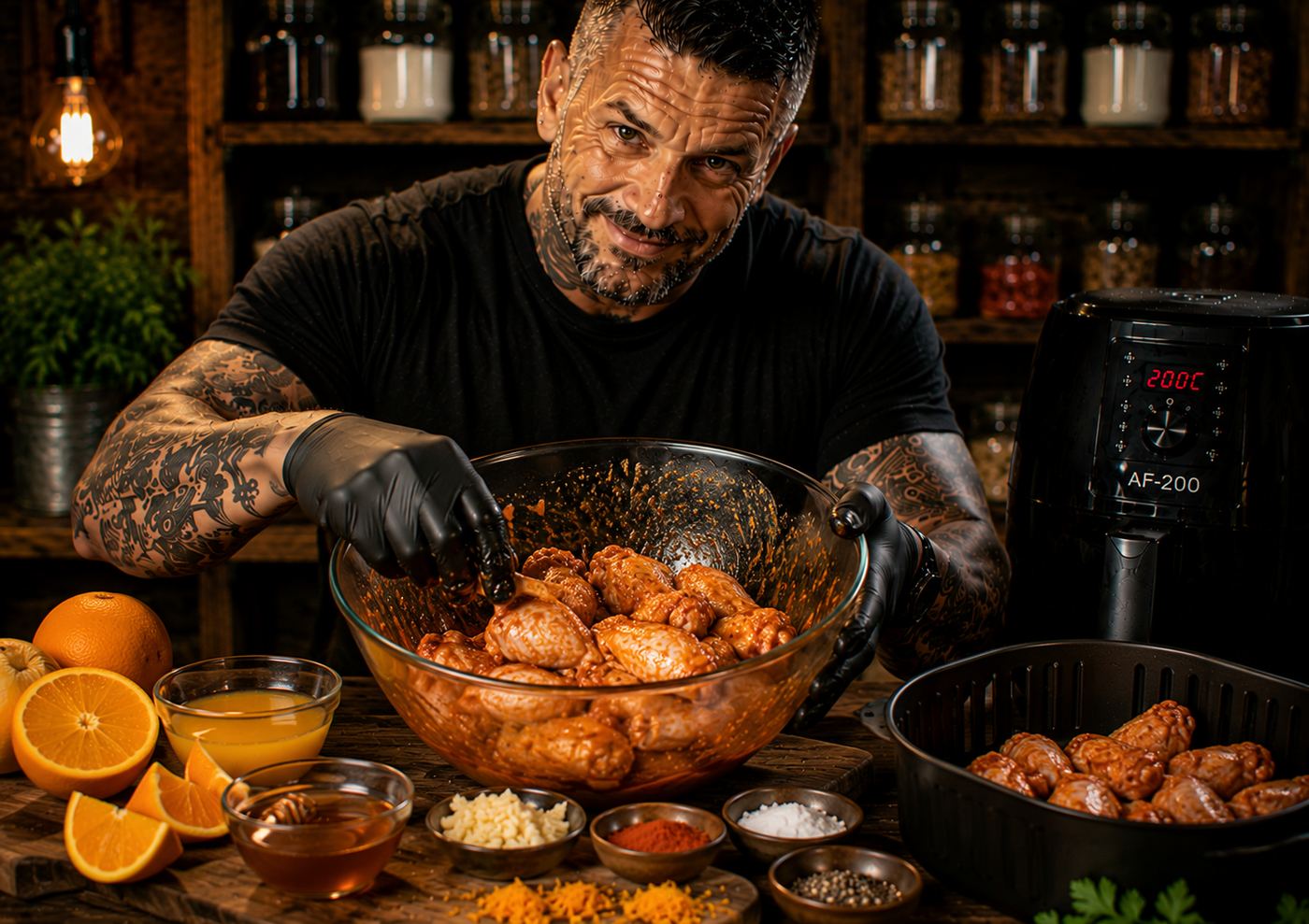 Air-Fryer Orange Honey Chicken Wings preparation stage