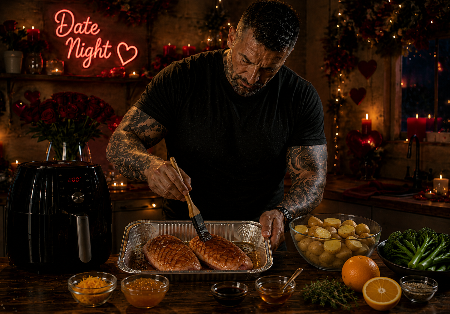 Air-Fryer Orange Five-Spice Duck with Crispy Potatoes preparation stage