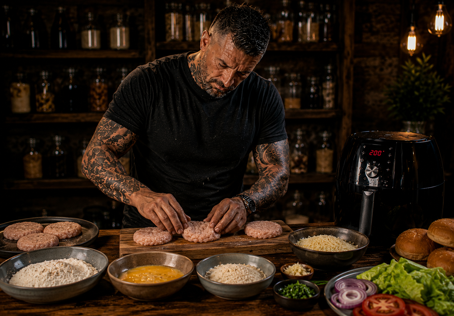 Air-Fryer Sticky Garlic Parmesan Chicken Burger Stacks preparation stage