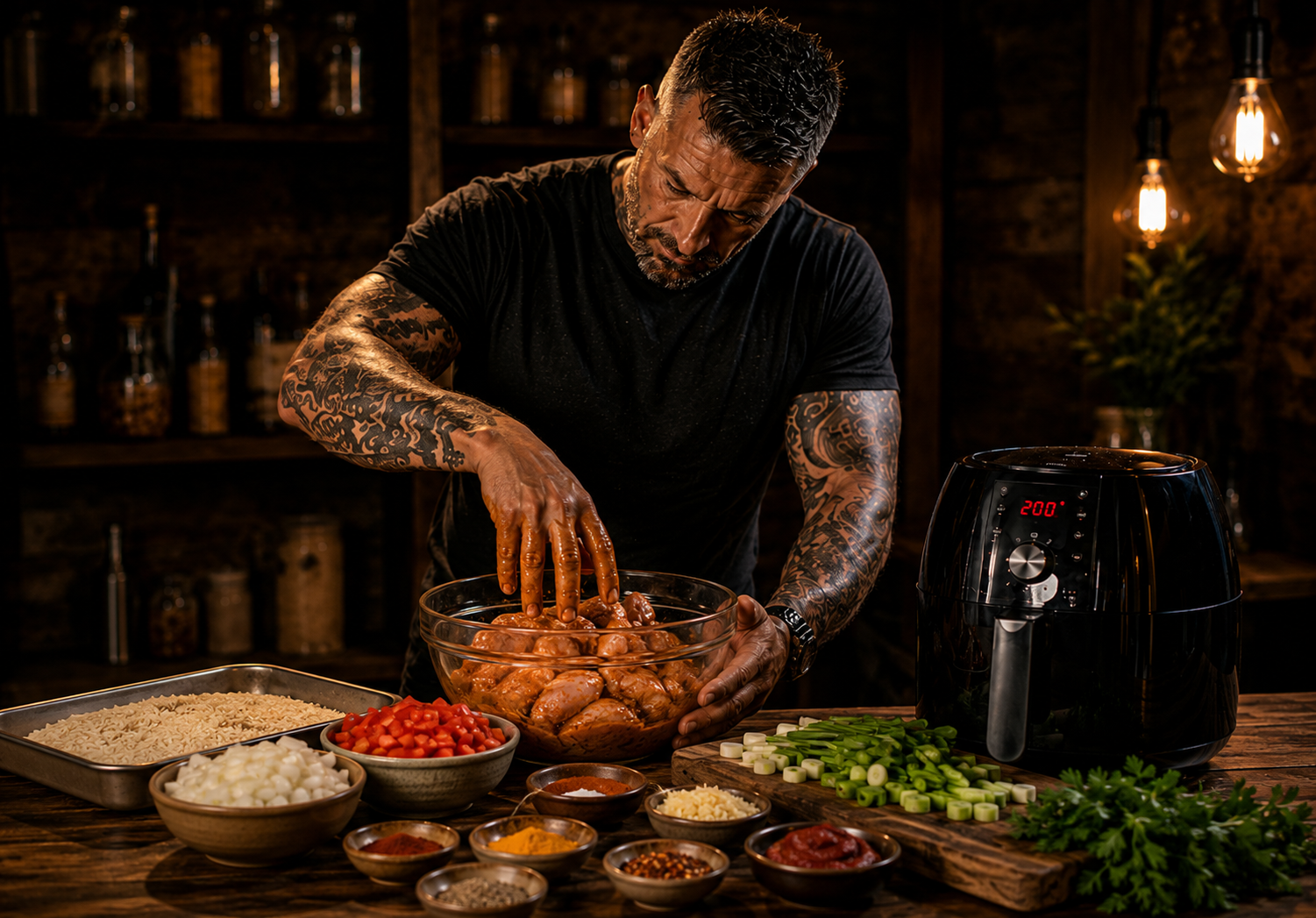 Air-Fryer Piri Piri Chicken & Spicy Rice Boxes preparation stage