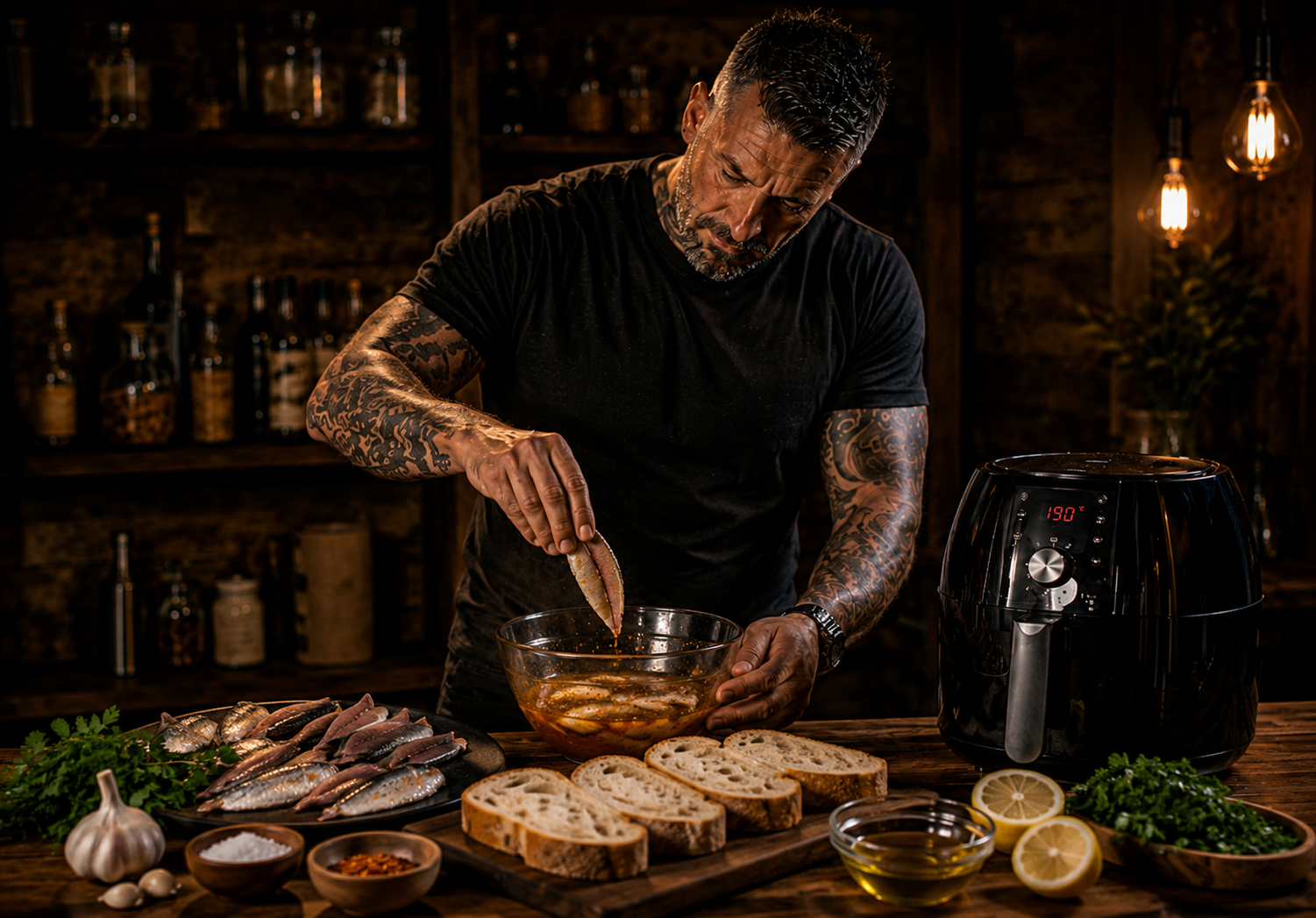 Air-Fryer Portuguese Piri Piri Sardine Toasts preparation stage