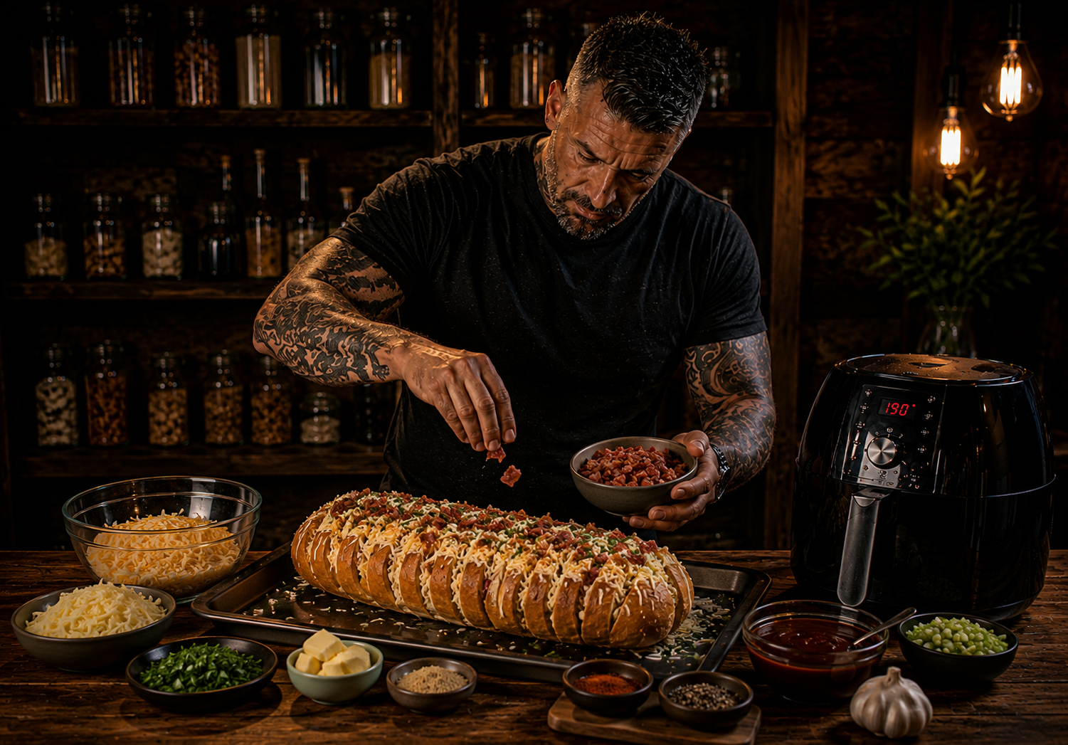 Air Fryer Pitmaster Cheese & Bacon Garlic Bread preparation stage