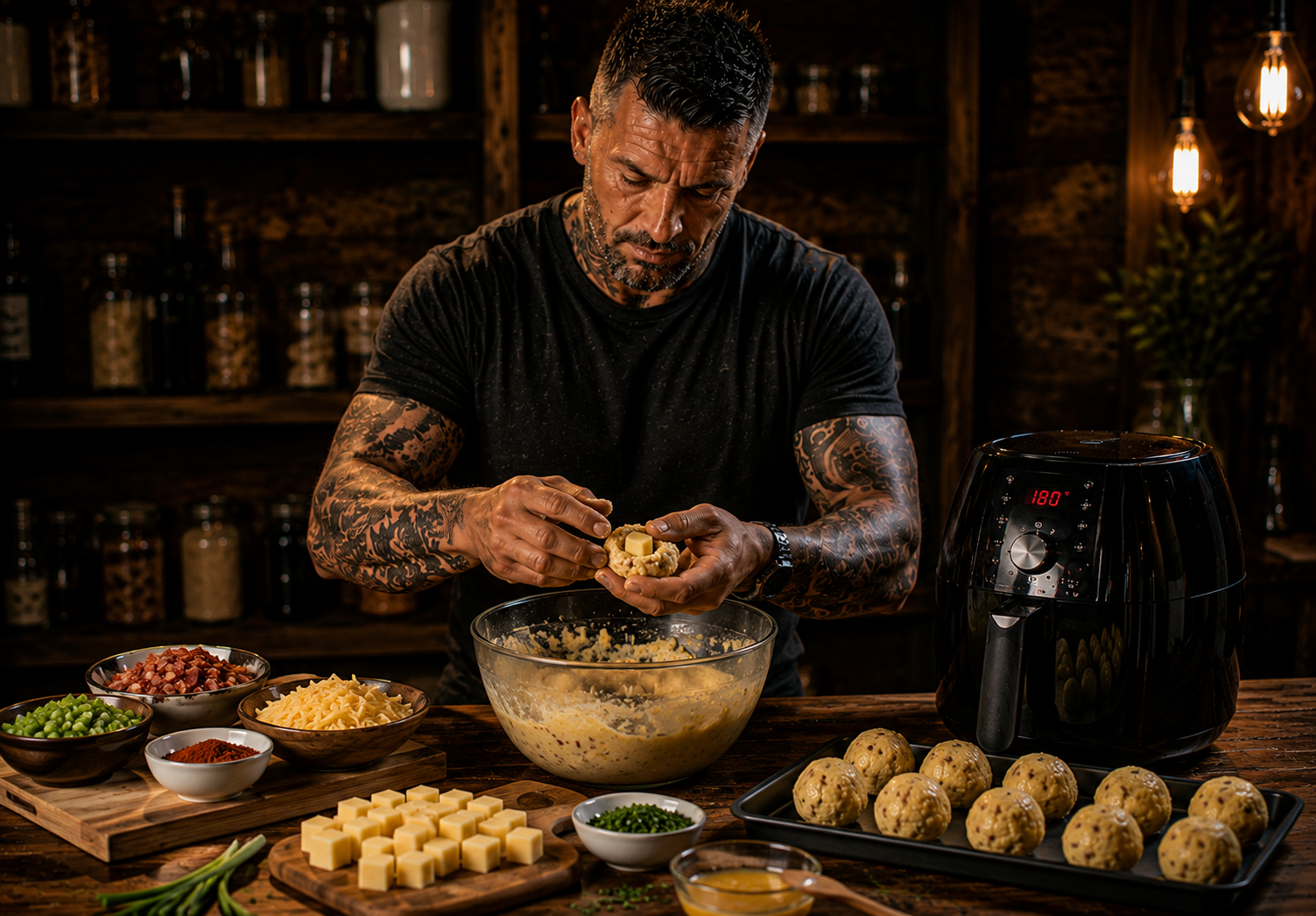 Air Fryer Pitmaster Cheese Stuffed Cornbread Balls preparation stage
