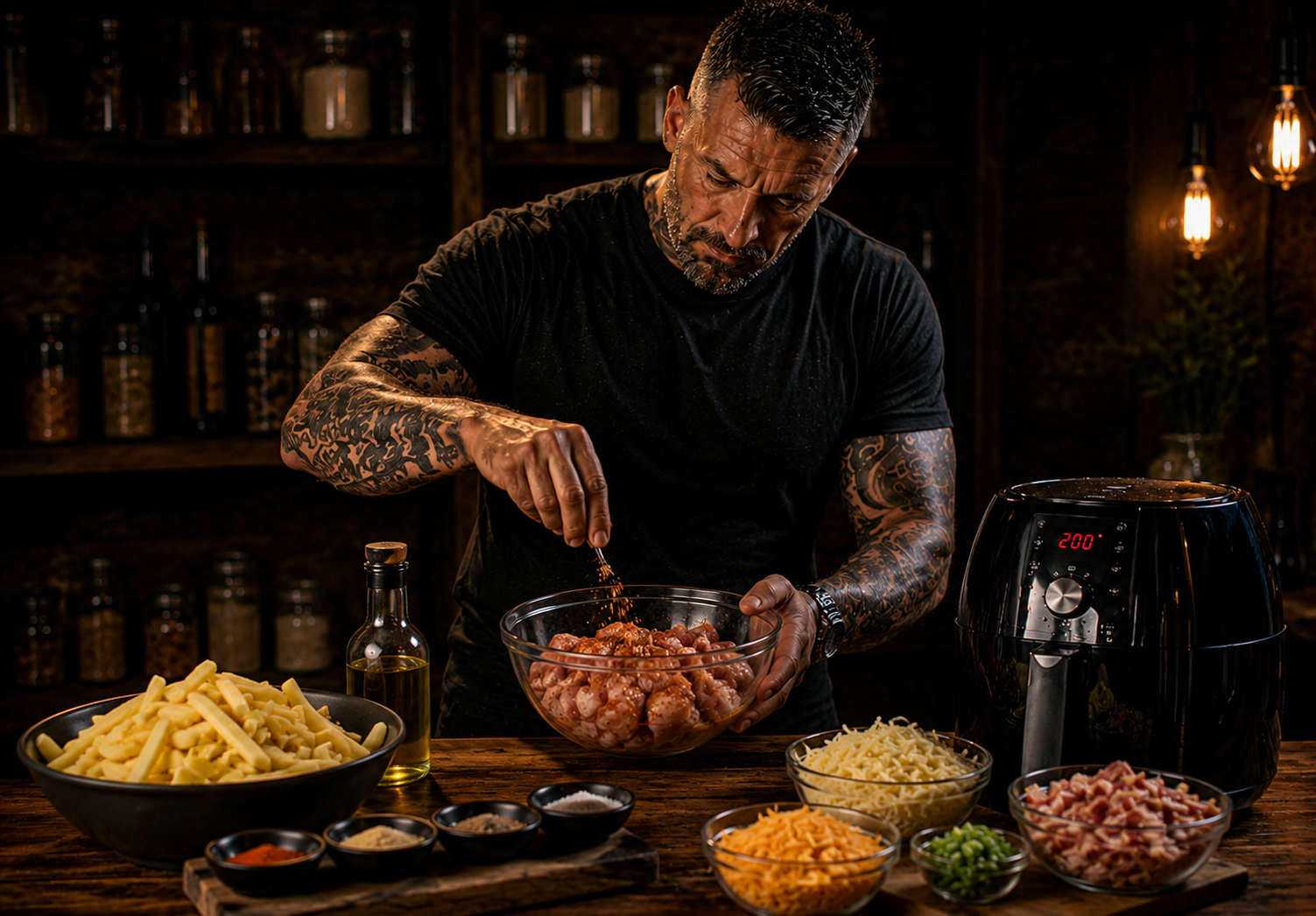 Air-Fryer Pitmaster Chicken Bacon Ranch Fries preparation stage