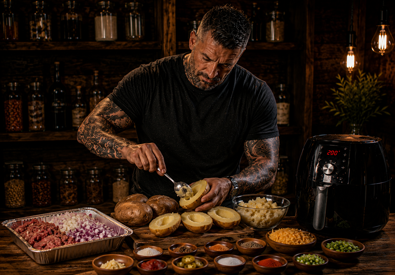 Air Fryer Pitmaster Chilli Cheese Potato Skins preparation stage