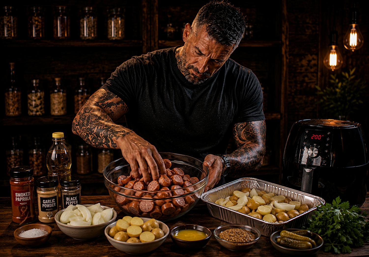 Air-Fryer Polish Kielbasa Potato & Onion Trays preparation stage