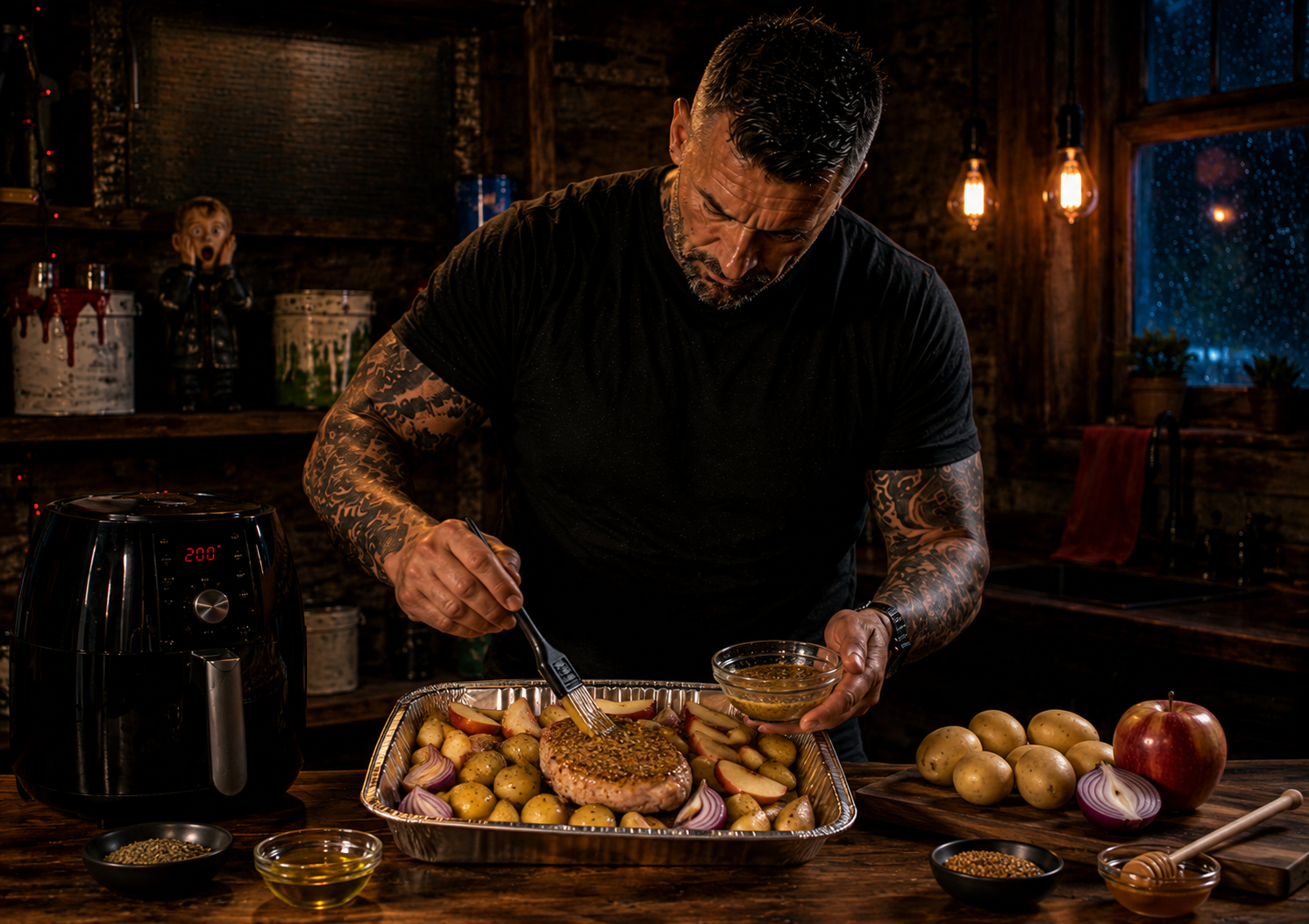 Air-Fryer Pork & Apple Tray Bake preparation stage