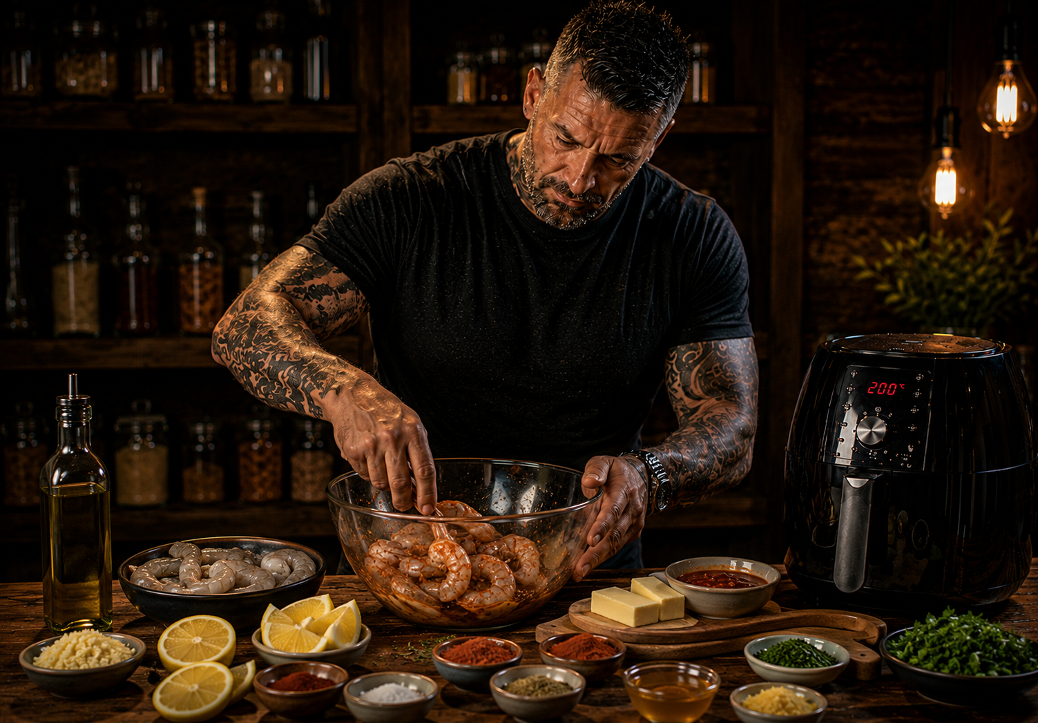 Air-Fryer Portuguese Piri-Piri Prawn Trays preparation stage