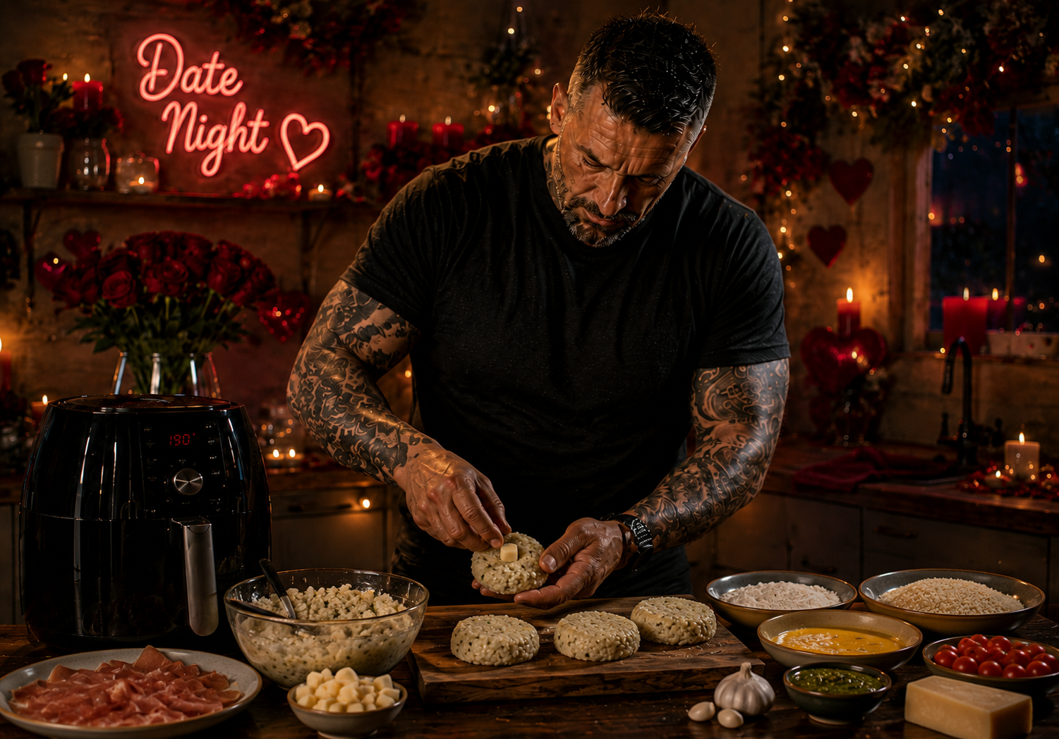Air-Fryer Parma-Wrapped Chicken with Pesto Risotto Cakes preparation stage