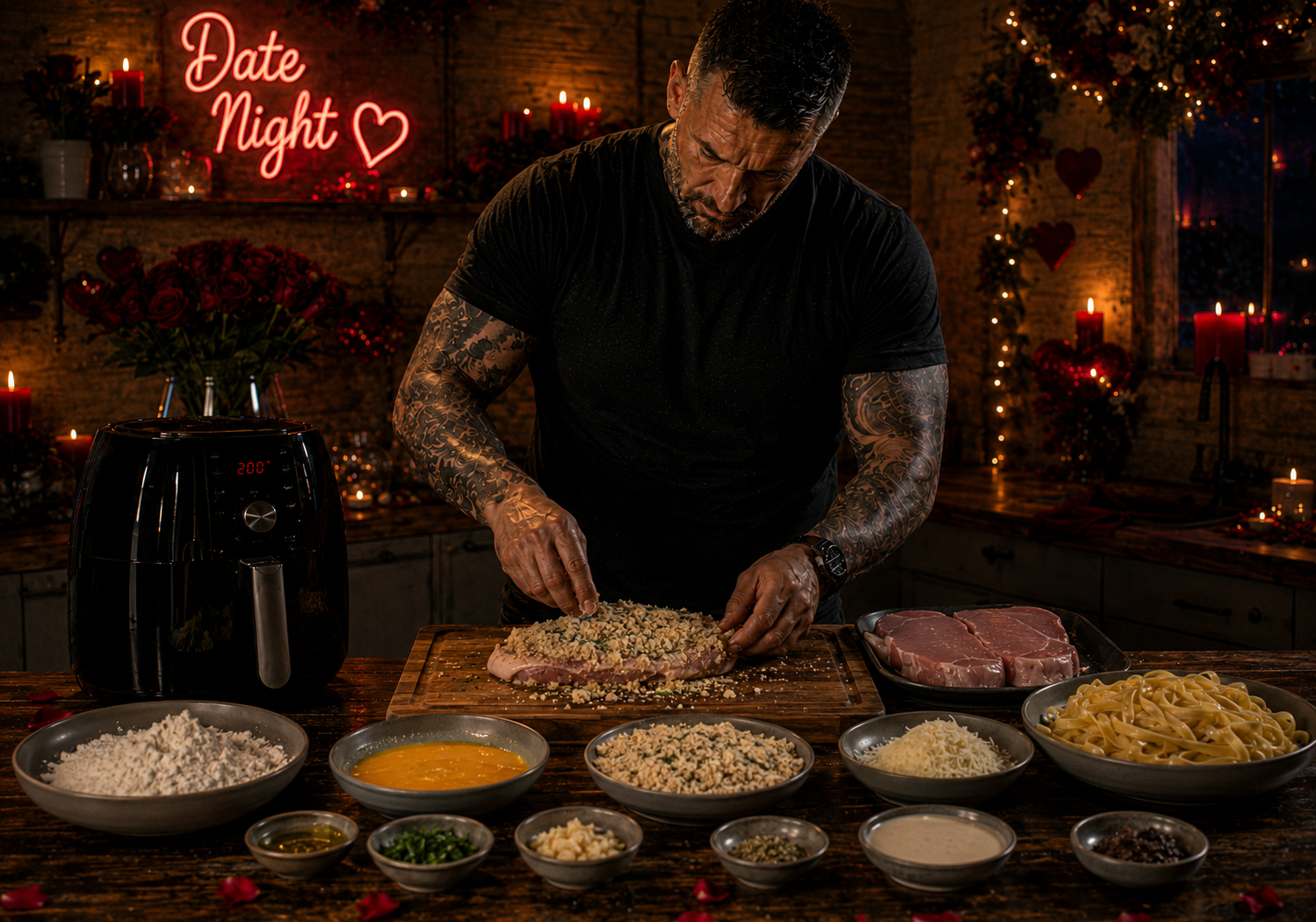 Air-Fryer Parmesan-Crusted Pork Milanese with Truffle Tagliatelle preparation stage