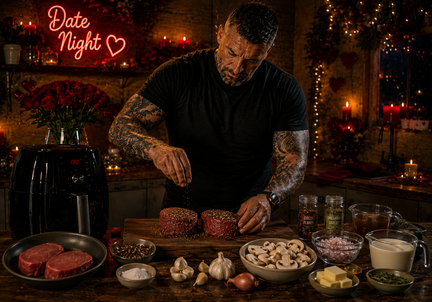 Air-Fryer Peppercorn-Crusted Fillet with Cognac Mushroom Sauce preparation stage