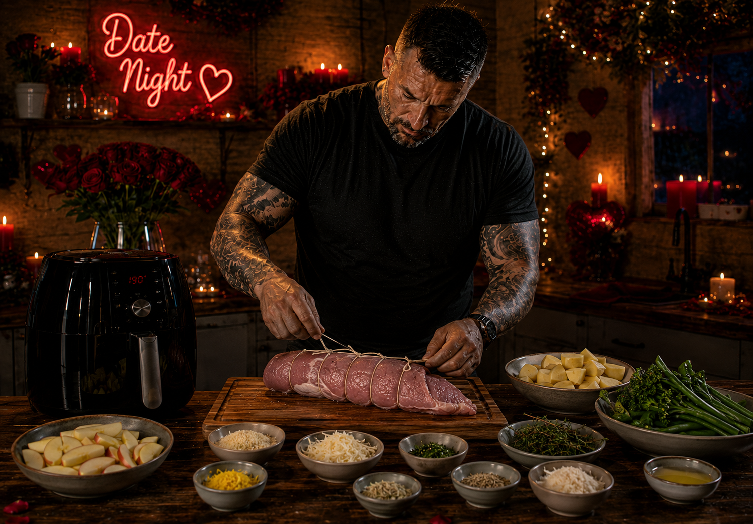 Air-Fryer Porchetta-Stuffed Pork Tenderloin with Marsala Apples preparation stage