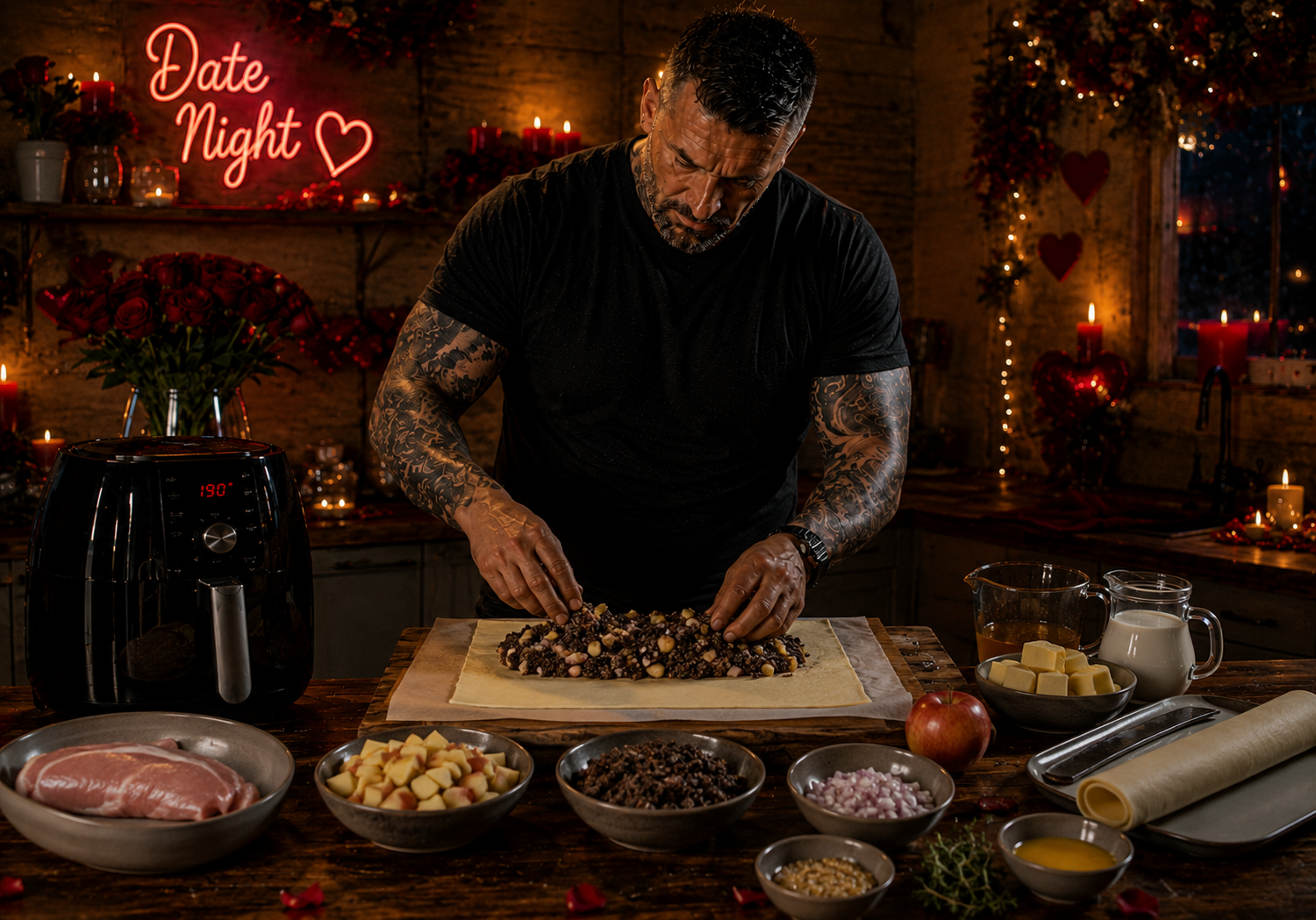 Air-Fryer Pork Wellington with Black Pudding & Cider Cream preparation stage