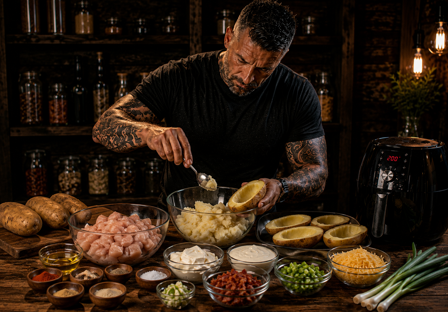 Air-Fryer Ranch Chicken Stuffed Potato Boats preparation stage