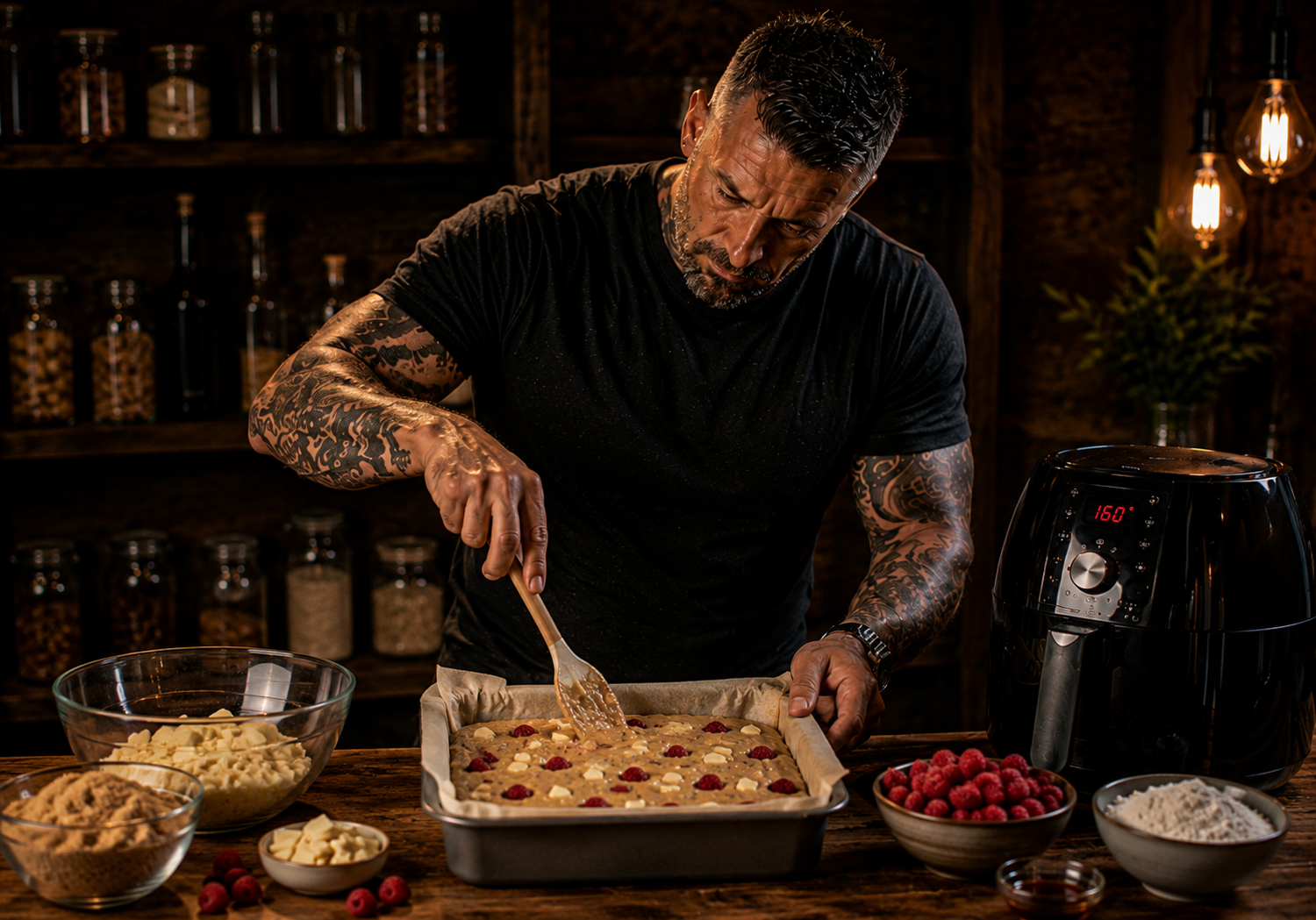 Air-Fryer Raspberry White Chocolate Blondies preparation stage