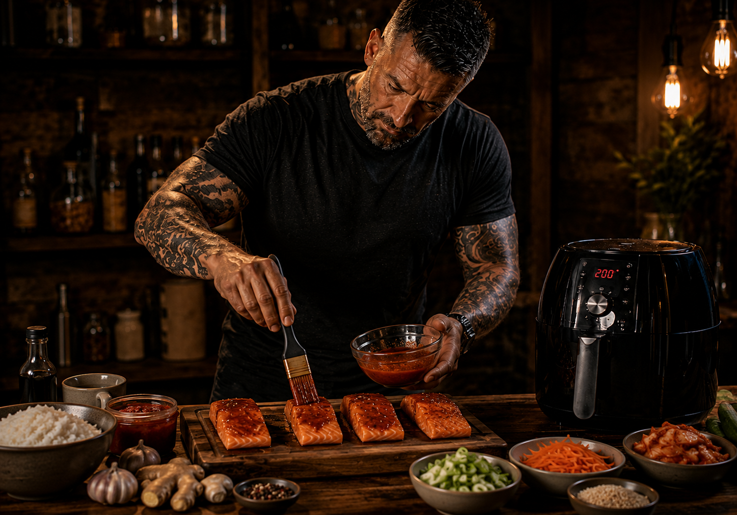 Air-Fryer Korean Gochujang Salmon Rice Boxes preparation stage
