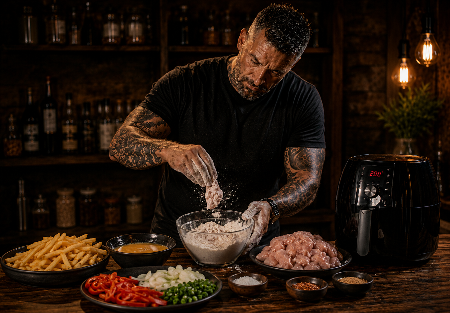 Air-Fryer Salt & Pepper Chicken Loaded Fries preparation stage