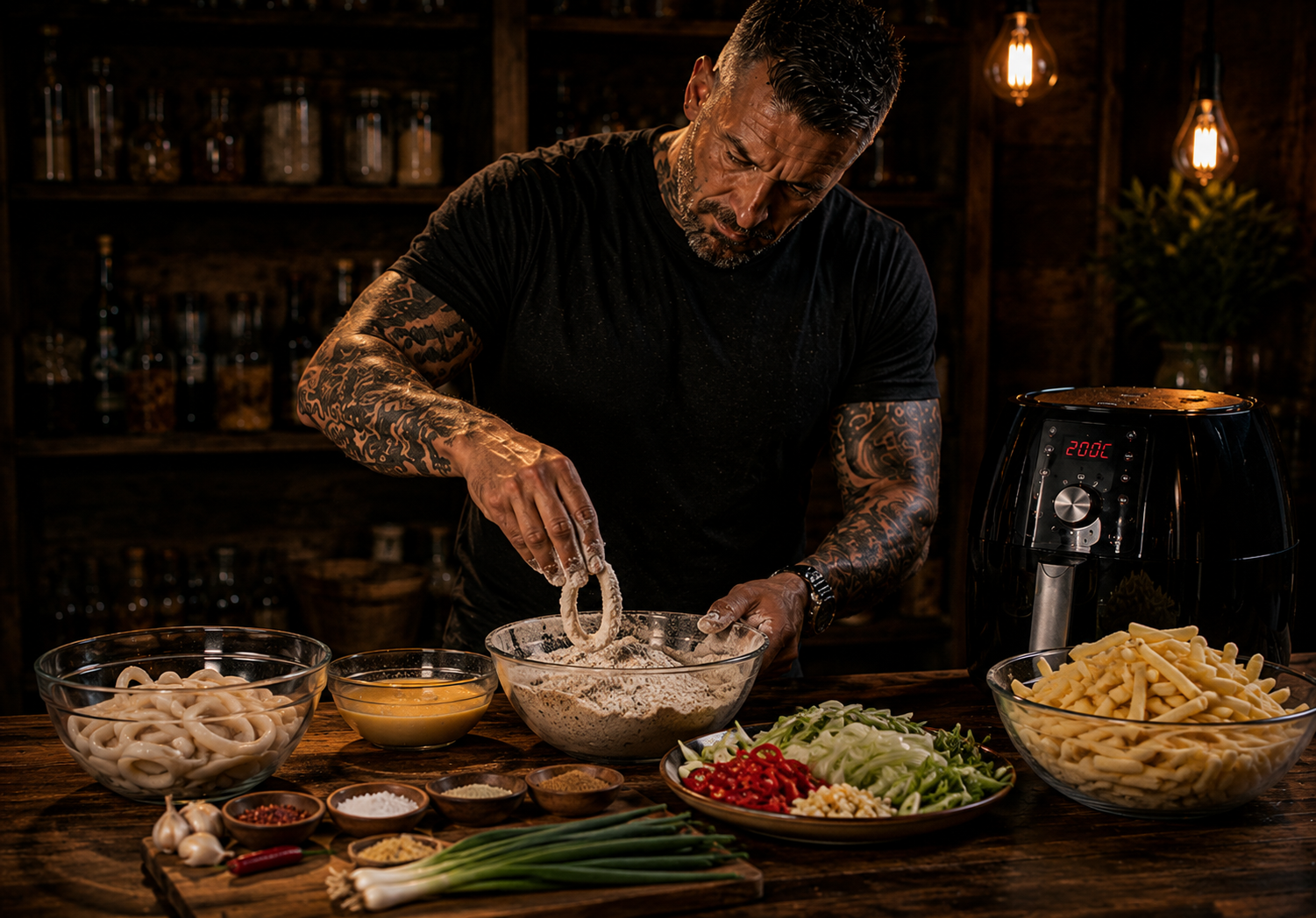 Air-Fryer Salt & Pepper Squid Fakeaway Boxes preparation stage