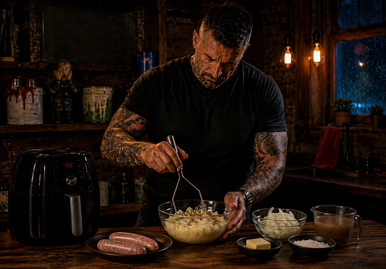 Air-Fryer Sausage & Mash With Onion Gravy preparation stage