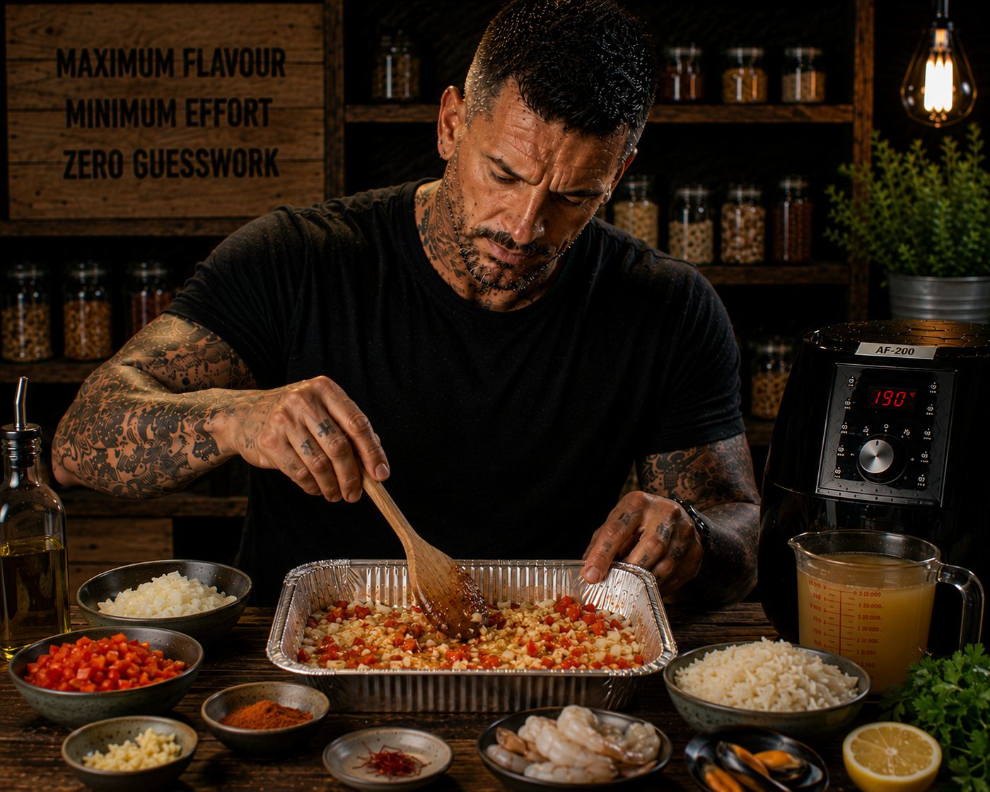 Air-Fryer Seafood Paella Trays preparation stage