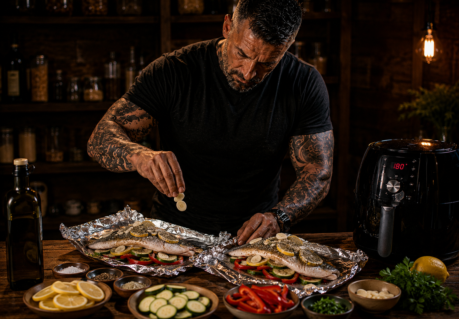 Air-Fryer Lemon Garlic Sea Bass Foil Parcels preparation stage