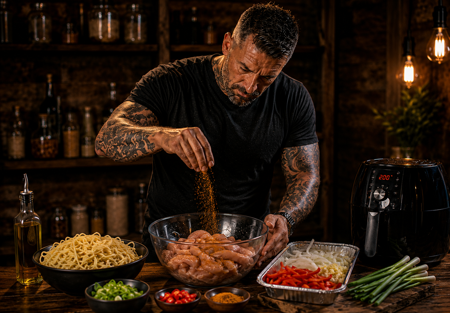 Air-Fryer Singapore Noodle Chicken Trays preparation stage