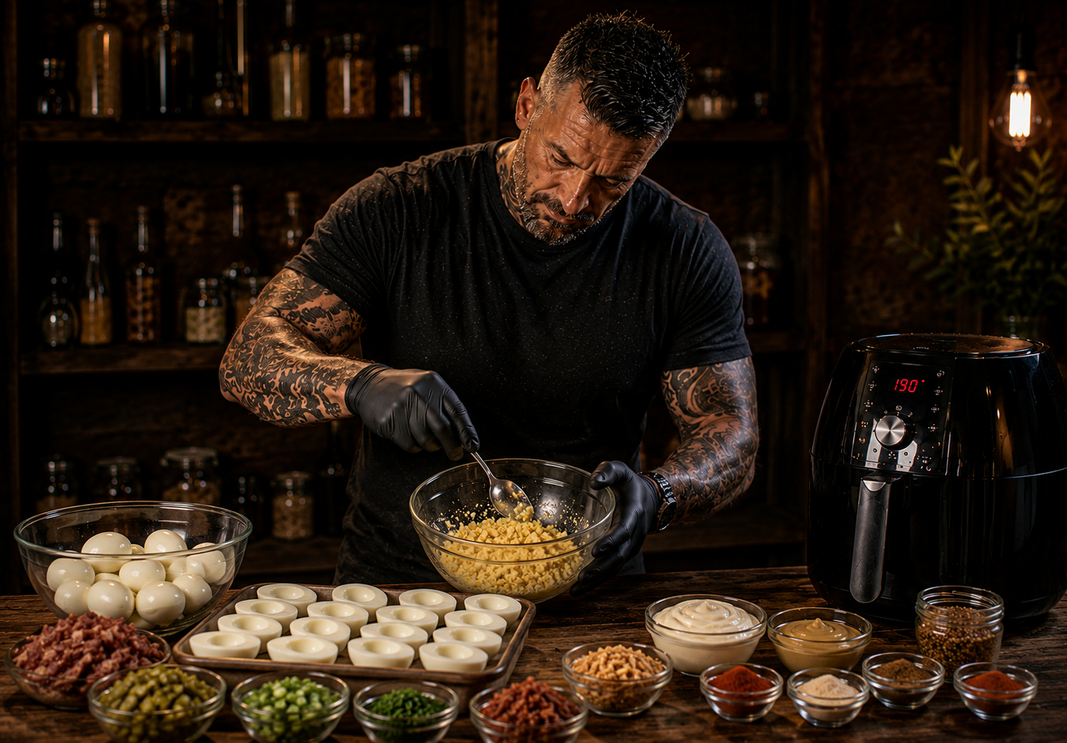 Air Fryer Smoked Paprika Devilled Egg Pots preparation stage
