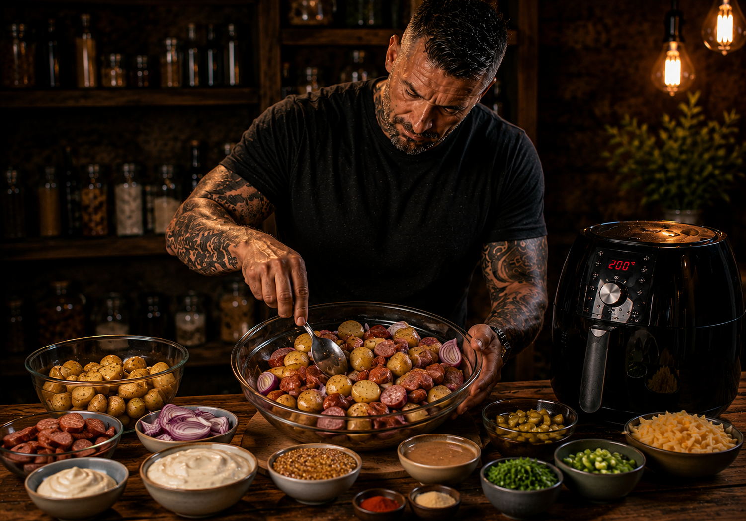 Air Fryer Smoked Sausage Potato Salad Trays preparation stage