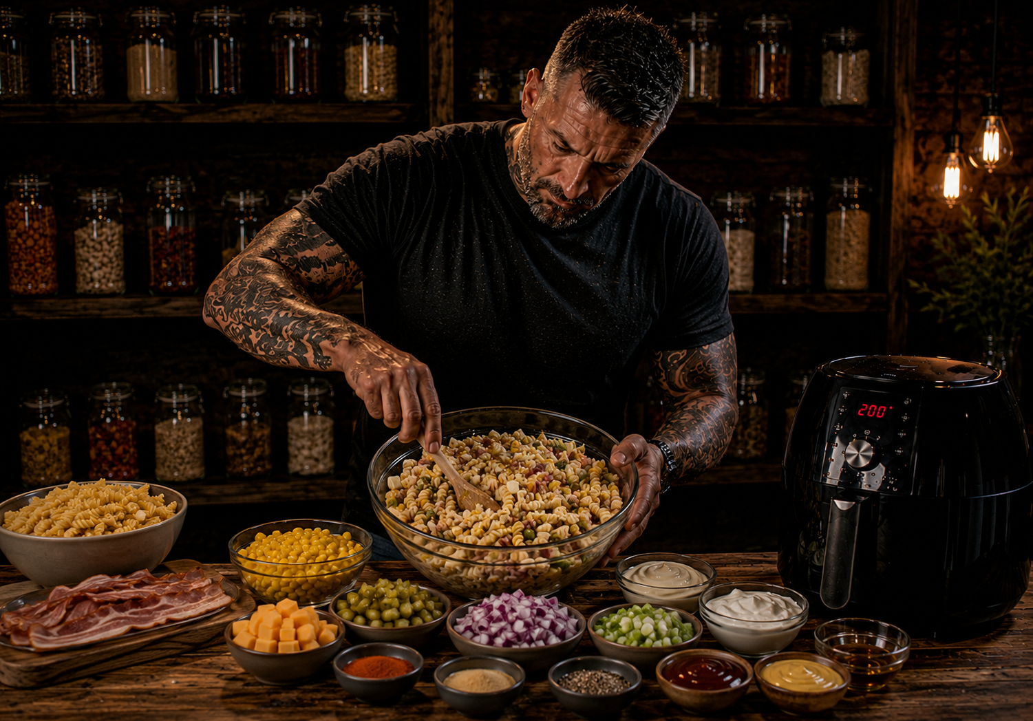 Air Fryer Smokehouse Bacon Pasta Salad Pots preparation stage