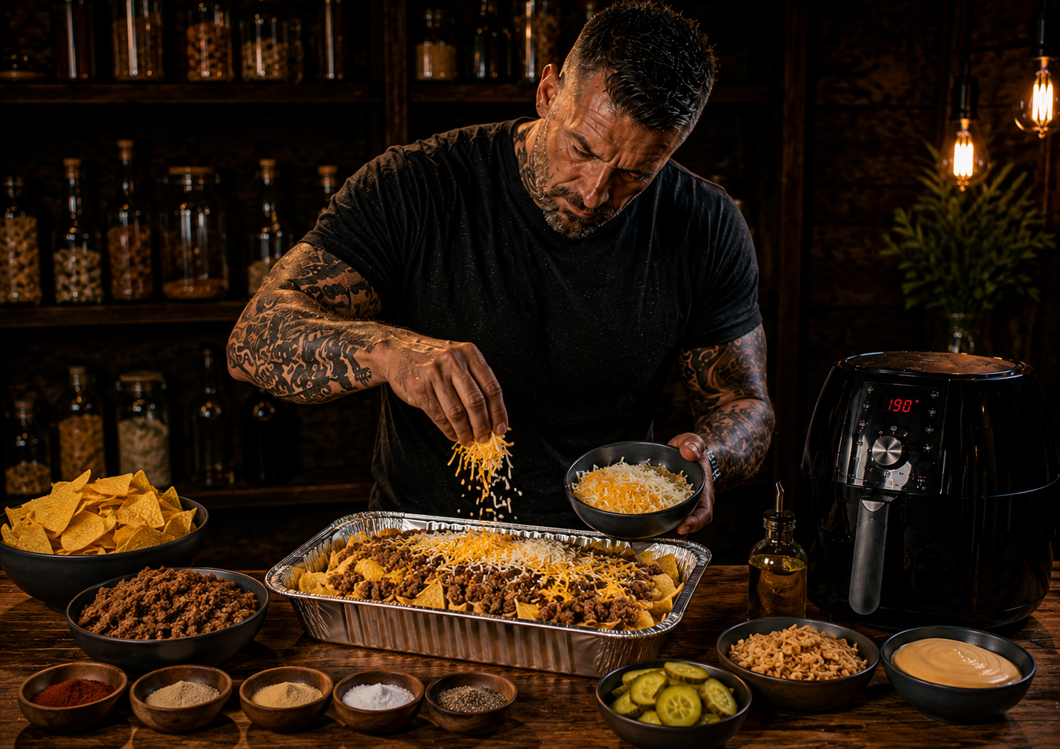 Air-Fryer Smokehouse Beef Burger Nachos preparation stage