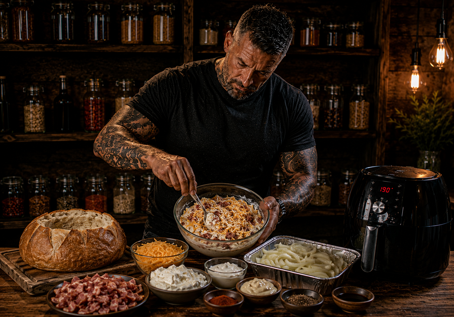 Air Fryer Smokehouse Burnt Onion Dip Bread Bowl preparation stage