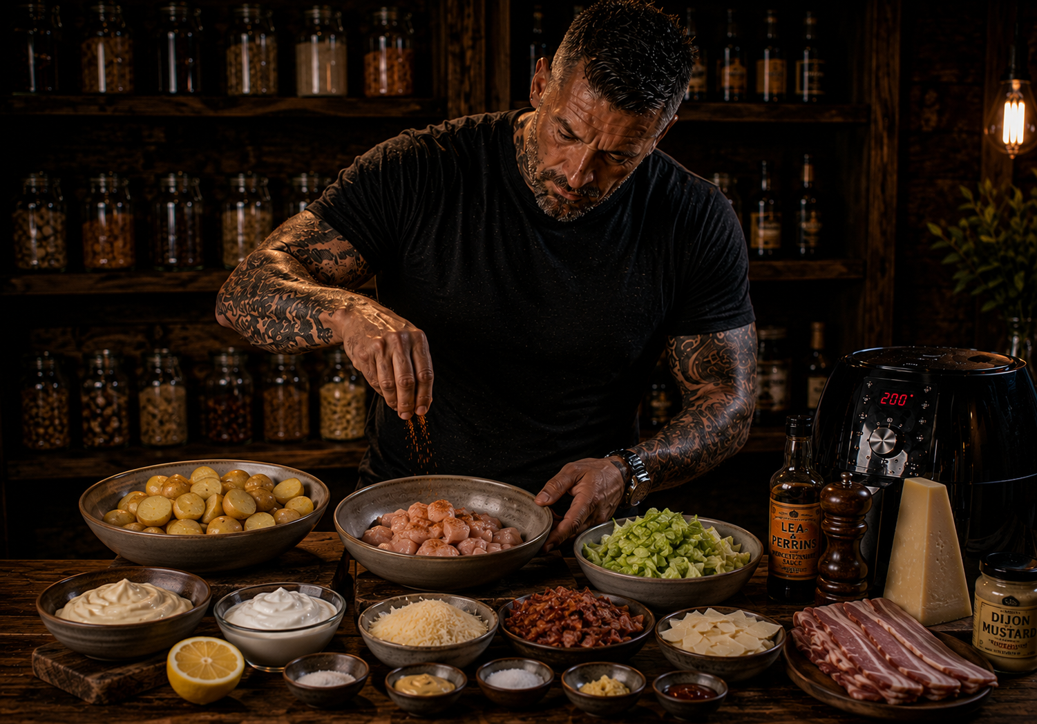 Air Fryer Smokehouse Chicken Caesar Potato Bowls preparation stage