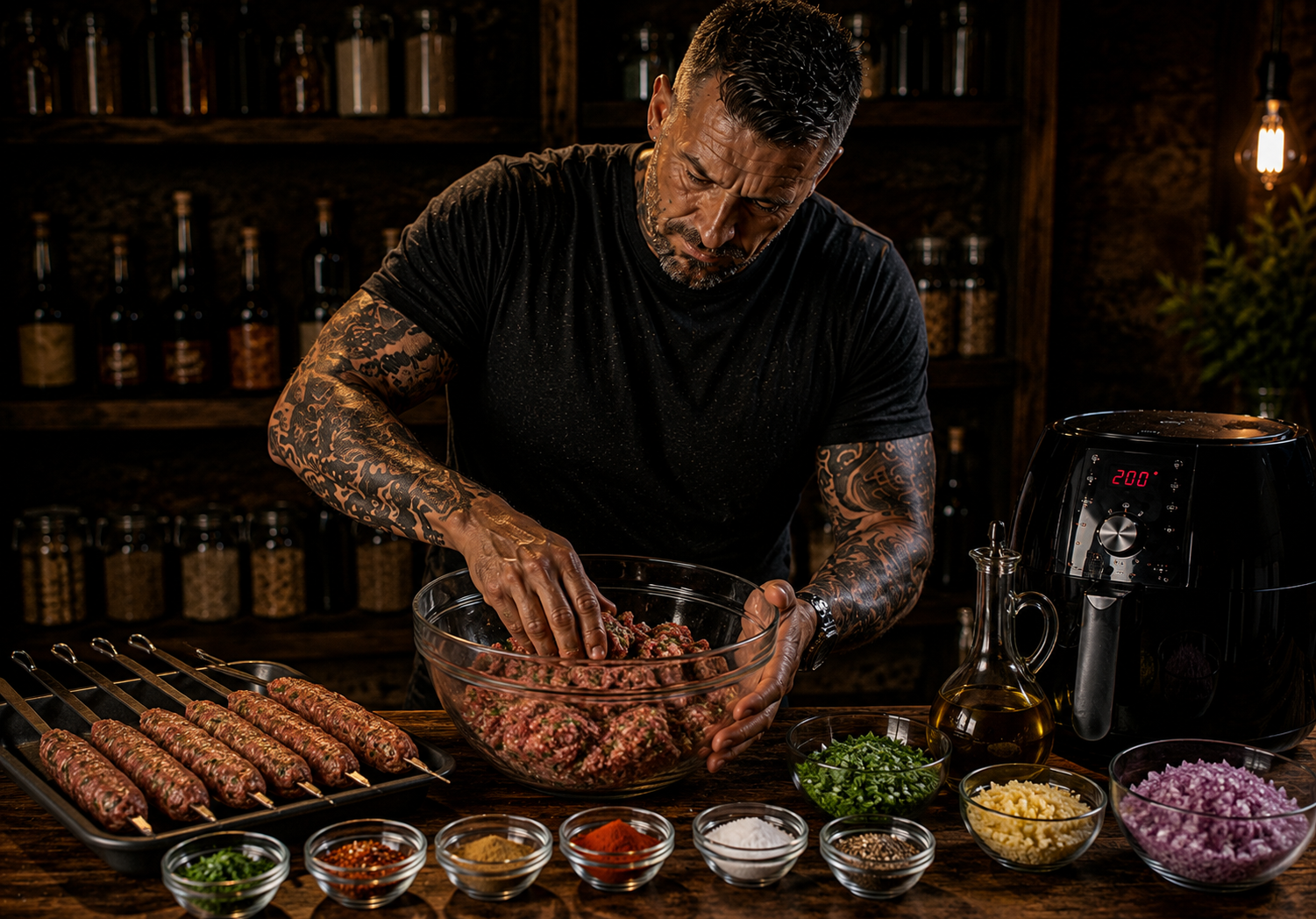 Air-Fryer Smokehouse Lamb Kofta Skewers preparation stage