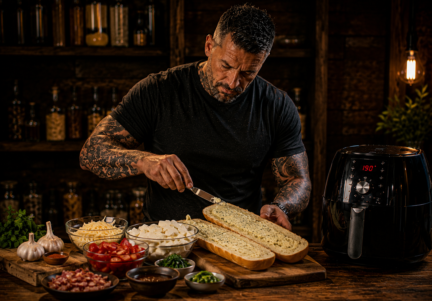 Air Fryer Smokehouse Tomato & Mozzarella Garlic Bread preparation stage