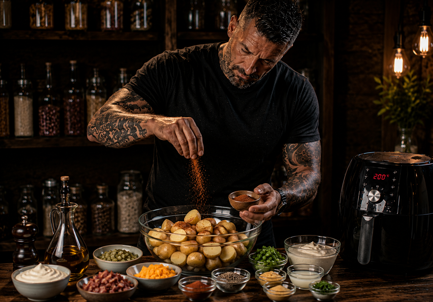 Air Fryer Smoky Bacon Ranch Potato Salad Bowls preparation stage