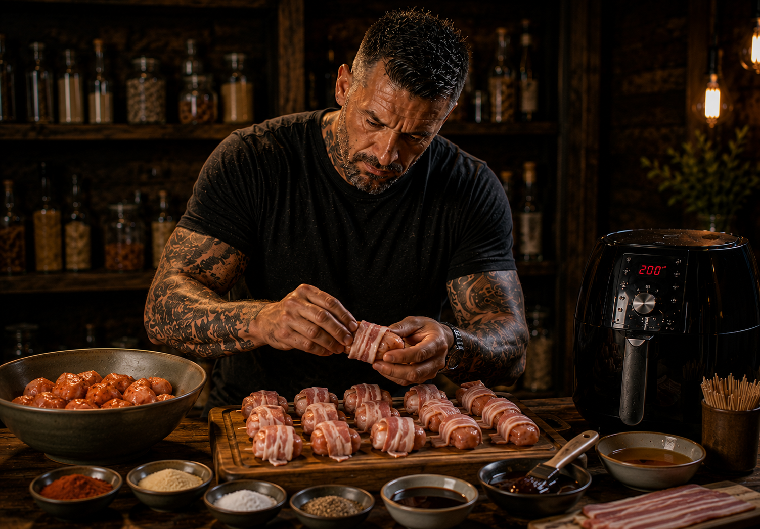 Air-Fryer Smoky Bacon Wrapped Chicken Bites preparation stage