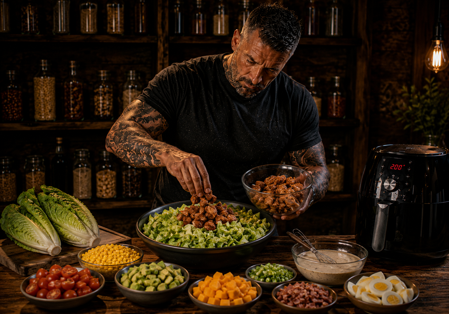 Air Fryer Smoky BBQ Chicken Cobb Salad Boxes preparation stage
