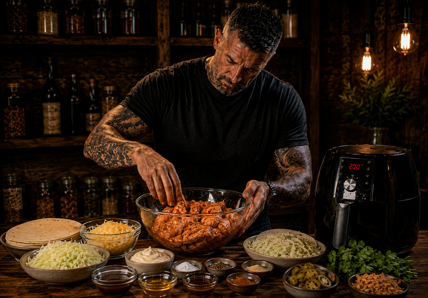 Air Fryer Smoky BBQ Chicken Loaded Tacos preparation stage