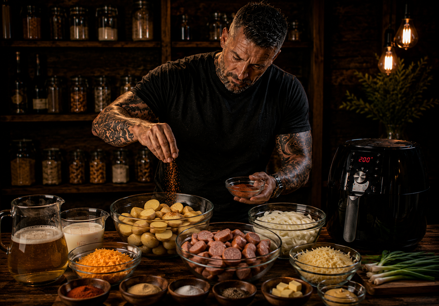 Air Fryer Smoky Beer Cheese Brat Skillet preparation stage