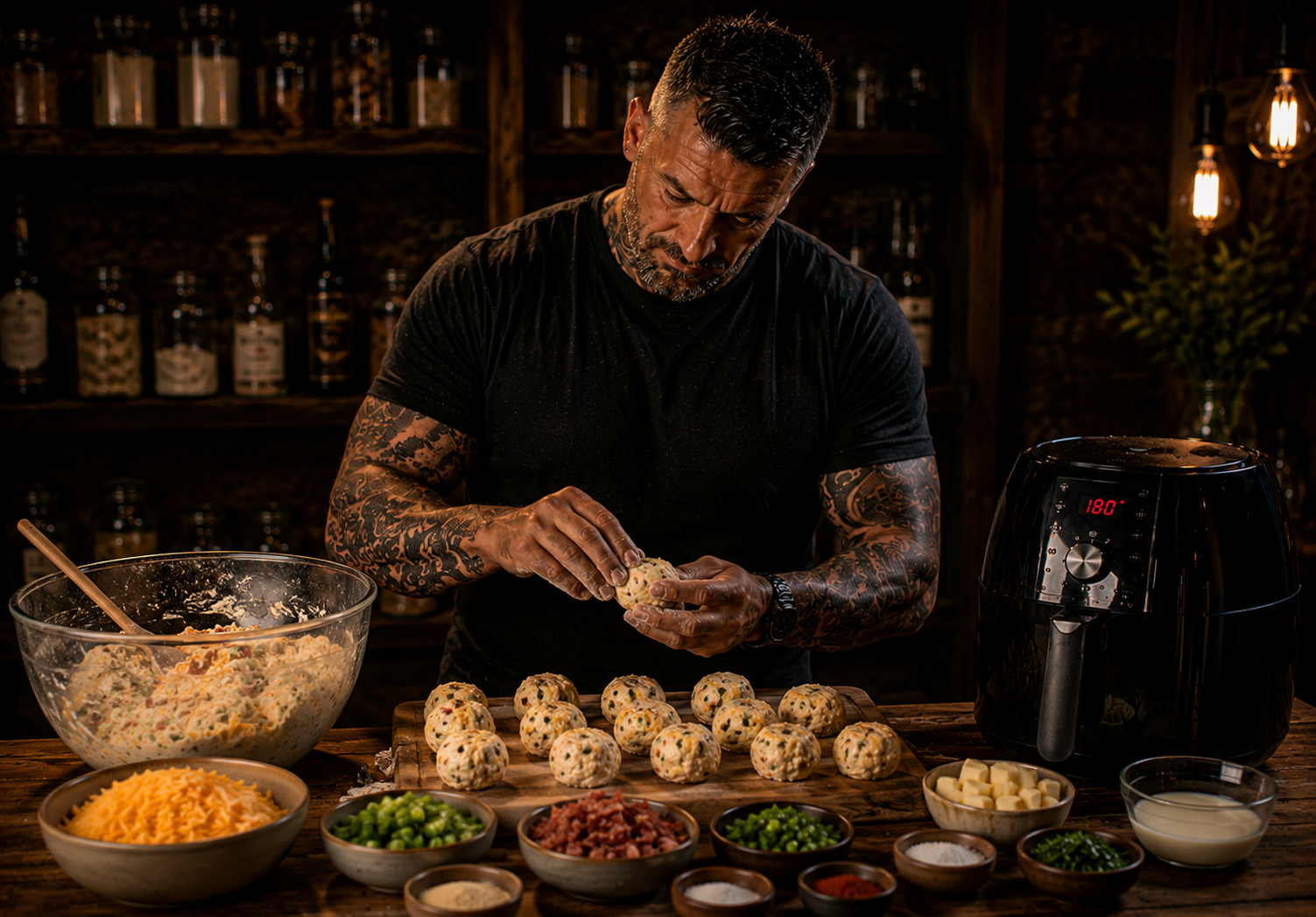 Air Fryer Smoky Cheddar Jalapeño Biscuit Bites preparation stage