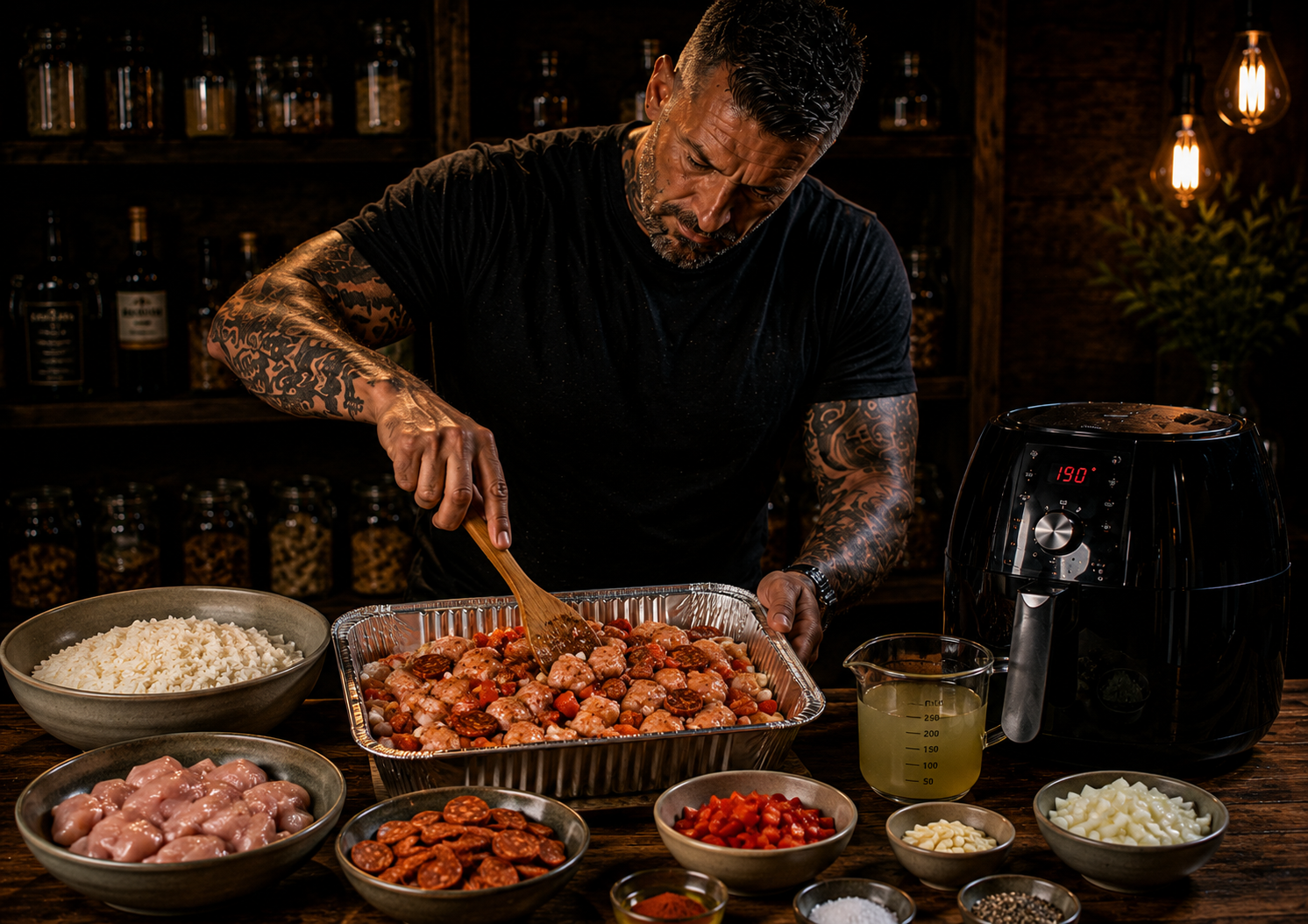 Air-Fryer Smoky Chicken & Chorizo Rice Trays preparation stage