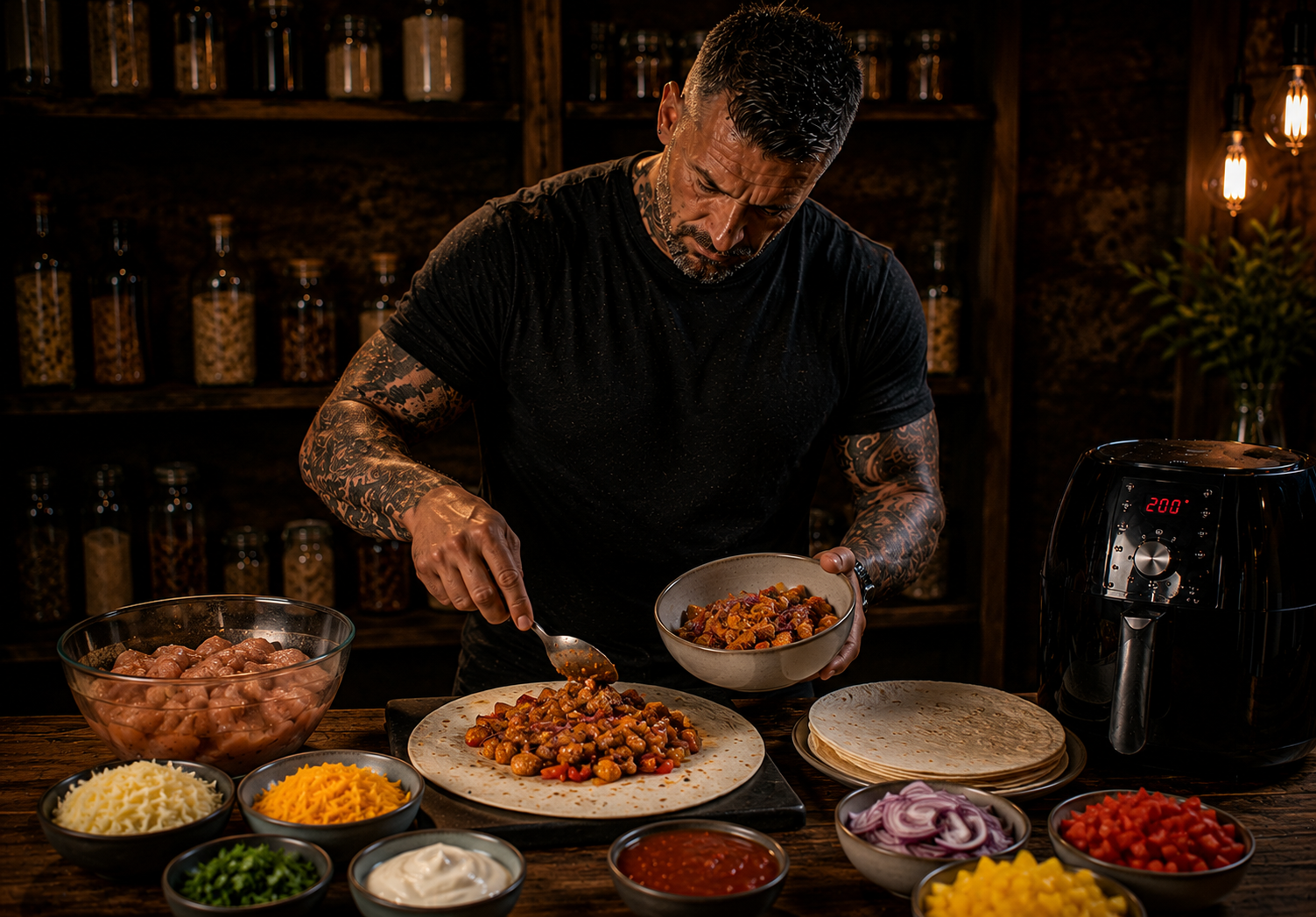 Air-Fryer Smoky Chicken & Pepper Quesadilla Wedges preparation stage