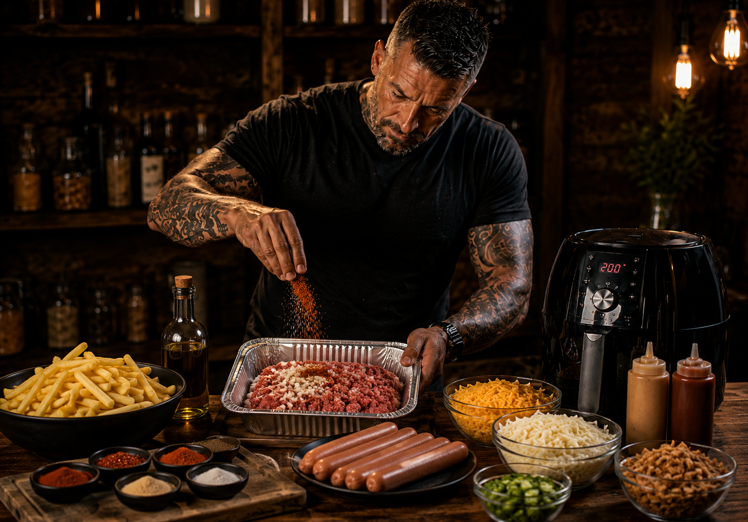Air-Fryer Smoky Chilli Cheese Hot Dog Trays preparation stage
