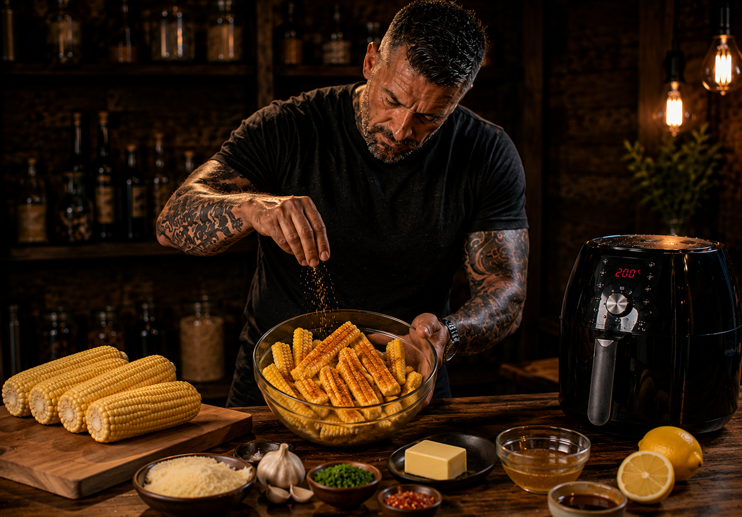 Air Fryer Smoky Garlic Parmesan Corn Ribs preparation stage