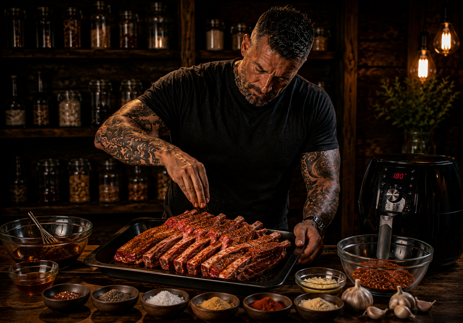 Air Fryer Smoky Honey Garlic Lamb Ribs preparation stage