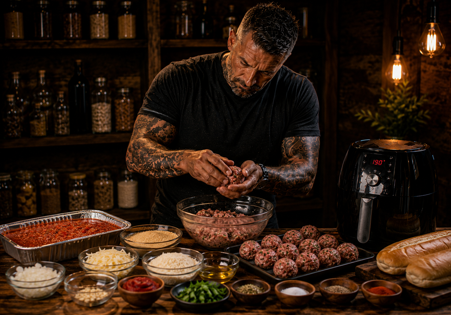 Air-Fryer Smoky Paprika Beef Meatball Subs preparation stage