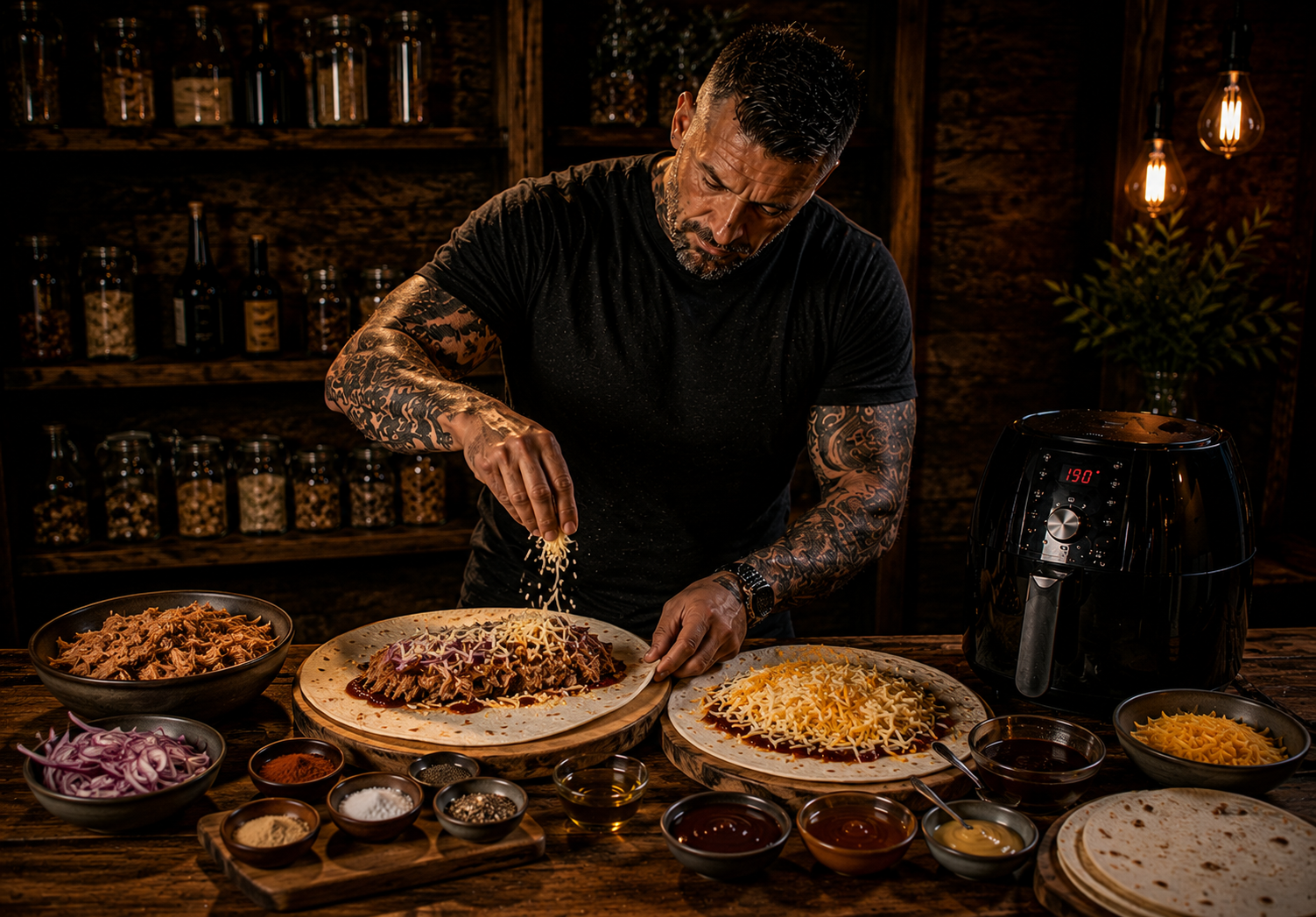 Air Fryer Smoky Pulled Pork Quesadilla Wedges preparation stage