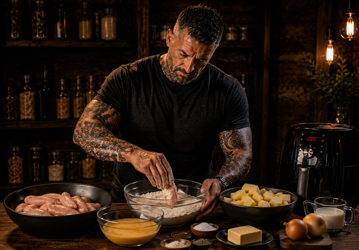 Air-Fryer Southern Chicken Gravy Potato Bowls preparation stage