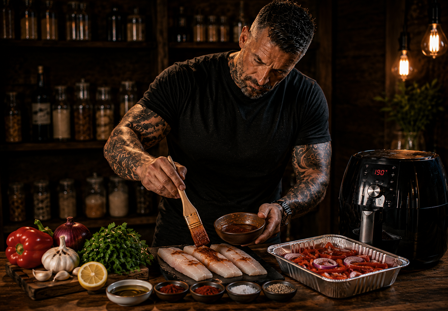 Air-Fryer Spanish Paprika Hake Trays preparation stage